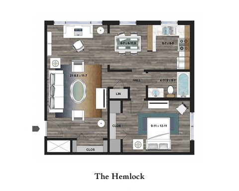 A floor plan of a home with a living room, dining room, kitchen, and two bedrooms.